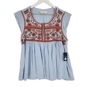 Lucky Brand Blue and Brown Embroidered Blouse